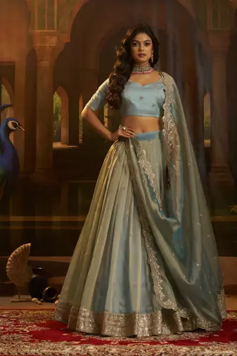 turquoise organza embroidered lehenga choli with dupatta