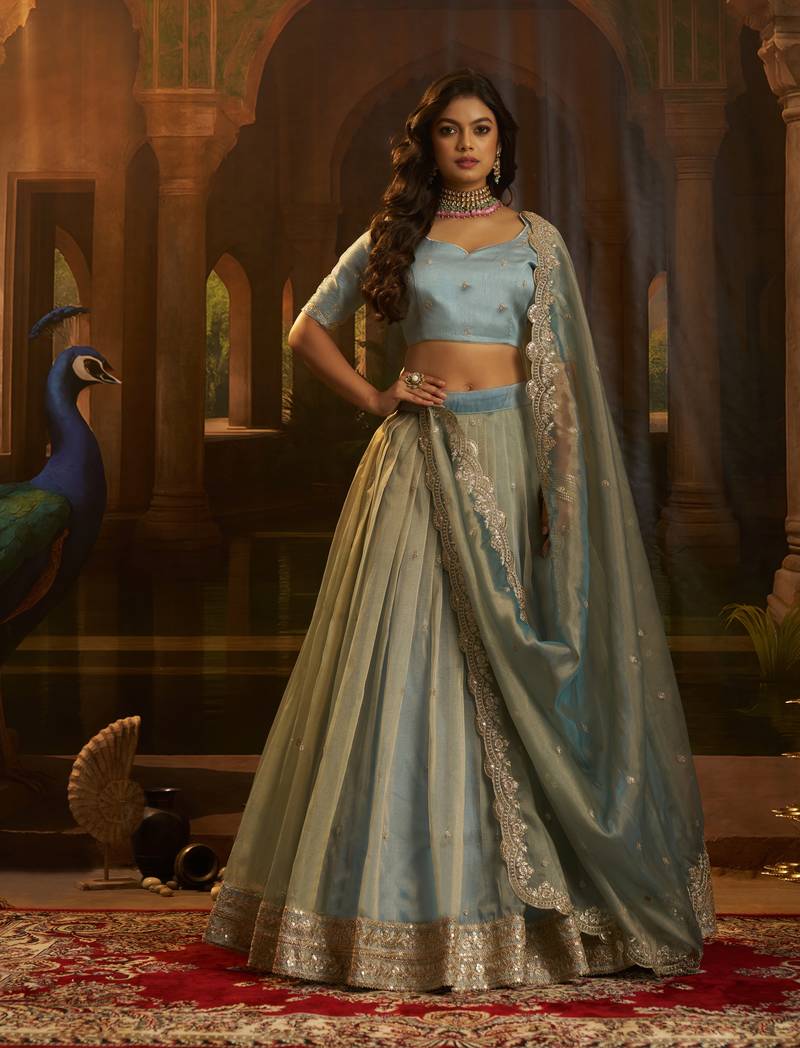 turquoise organza embroidered lehenga choli with dupatta