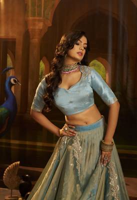 turquoise organza embroidered lehenga choli with dupatta 2