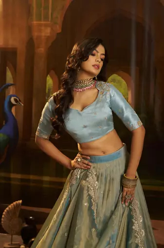 turquoise organza embroidered lehenga choli with dupatta