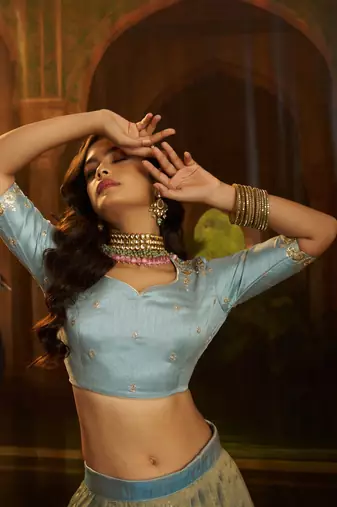 turquoise organza embroidered lehenga choli with dupatta