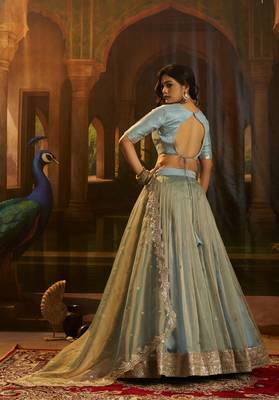 turquoise organza embroidered lehenga choli with dupatta 4