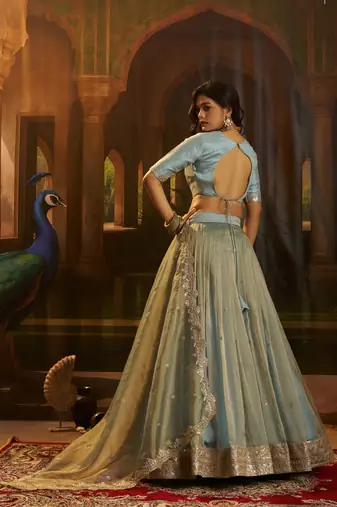 turquoise organza embroidered lehenga choli with dupatta