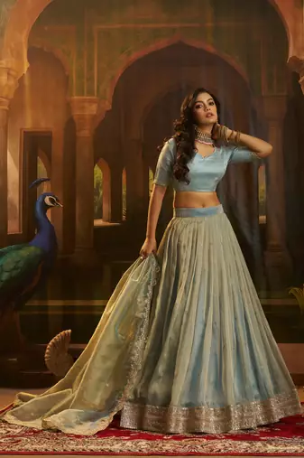 turquoise organza embroidered lehenga choli with dupatta