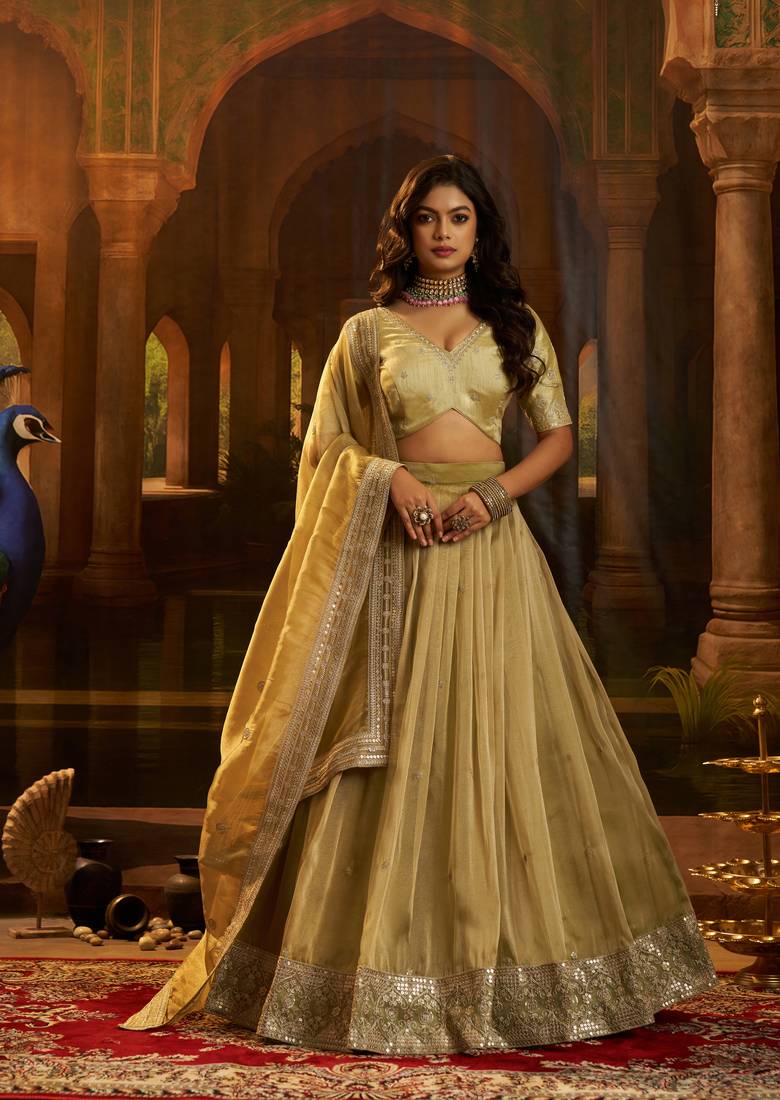 olive organza embroidered lehenga choli with dupatta