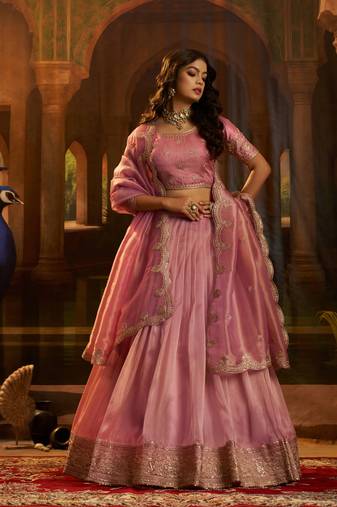 pink organza embroidered lehenga choli with dupatta