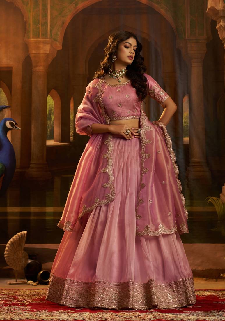 pink organza embroidered lehenga choli with dupatta