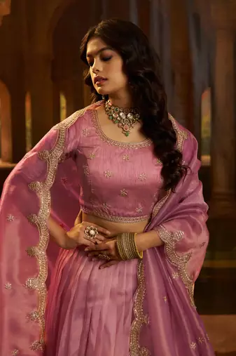 pink organza embroidered lehenga choli with dupatta