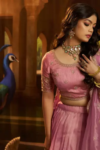 pink organza embroidered lehenga choli with dupatta