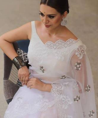 White Color Floral Embroidered Organza Silk Saree 1