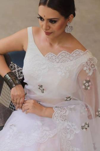 White Color Floral Embroidered Organza Silk Saree