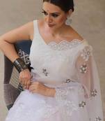 White Color Floral Embroidered Organza Silk Saree