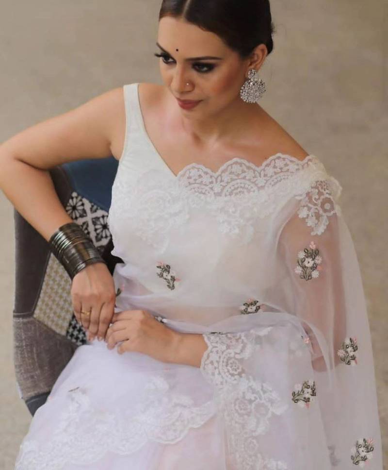 White Color Floral Embroidered Organza Silk Saree