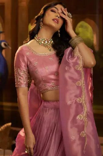 pink organza embroidered lehenga choli with dupatta