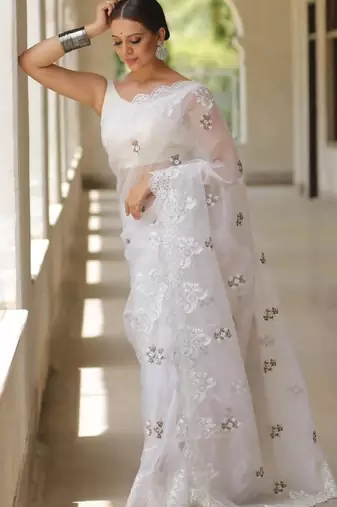 White Color Floral Embroidered Organza Silk Saree