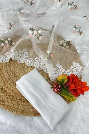 White Color Floral Embroidered Organza Silk Saree