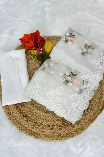 White Color Floral Embroidered Organza Silk Saree