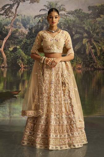 cream net embroidered lehenga choli with dupatta