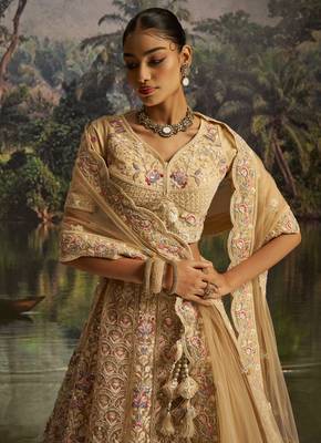 cream net embroidered lehenga choli with dupatta 2