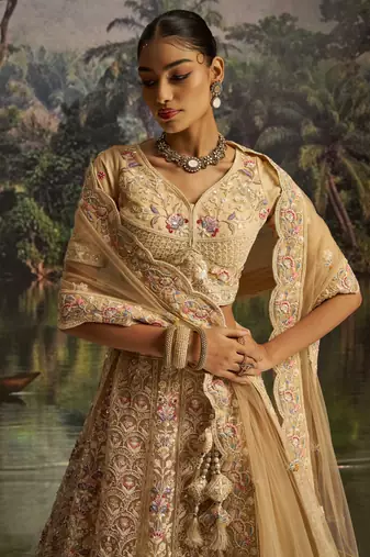 cream net embroidered lehenga choli with dupatta
