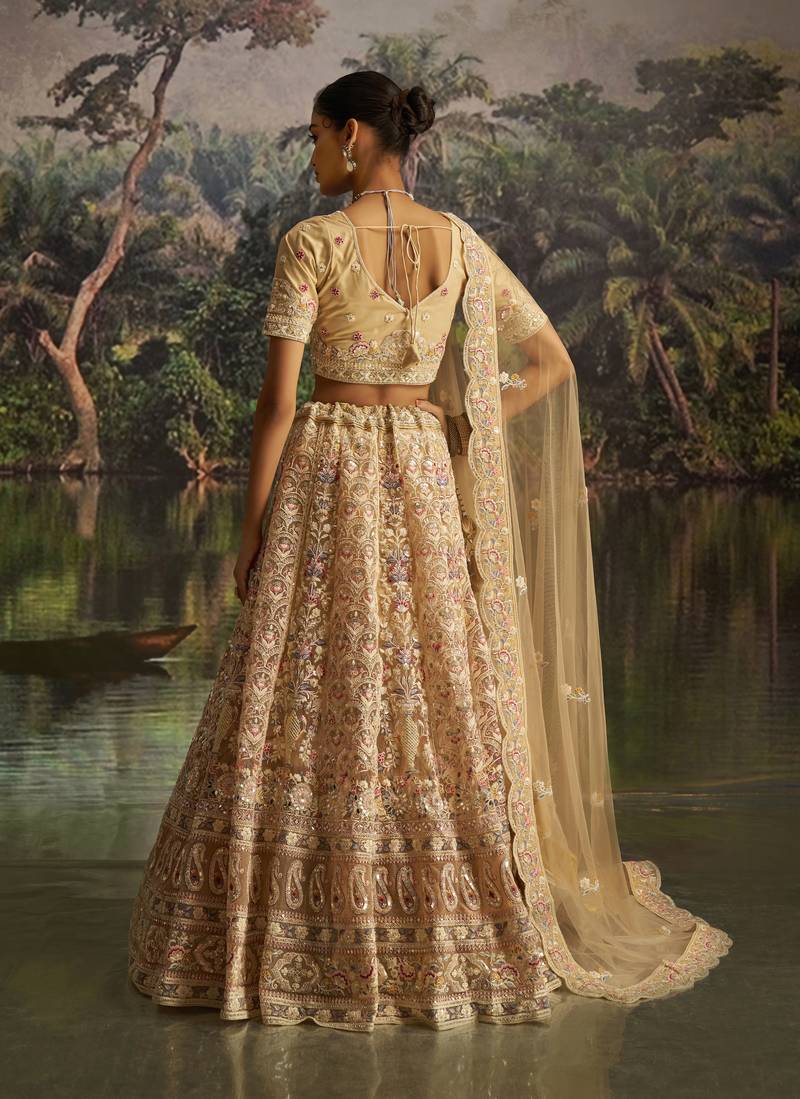 cream net embroidered lehenga choli with dupatta