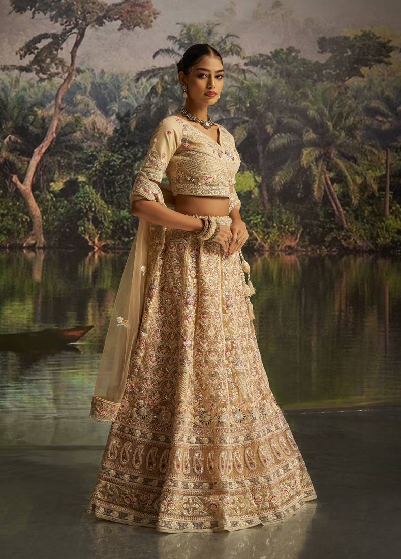 cream net embroidered lehenga choli with dupatta