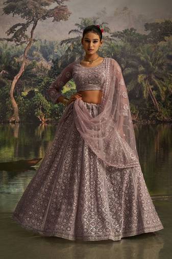 mauve net embroidered lehenga choli with dupatta