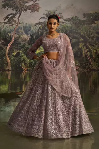 mauve net embroidered lehenga choli with dupatta
