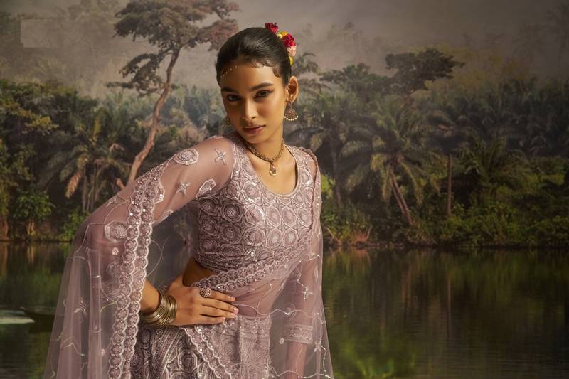 mauve net embroidered lehenga choli with dupatta