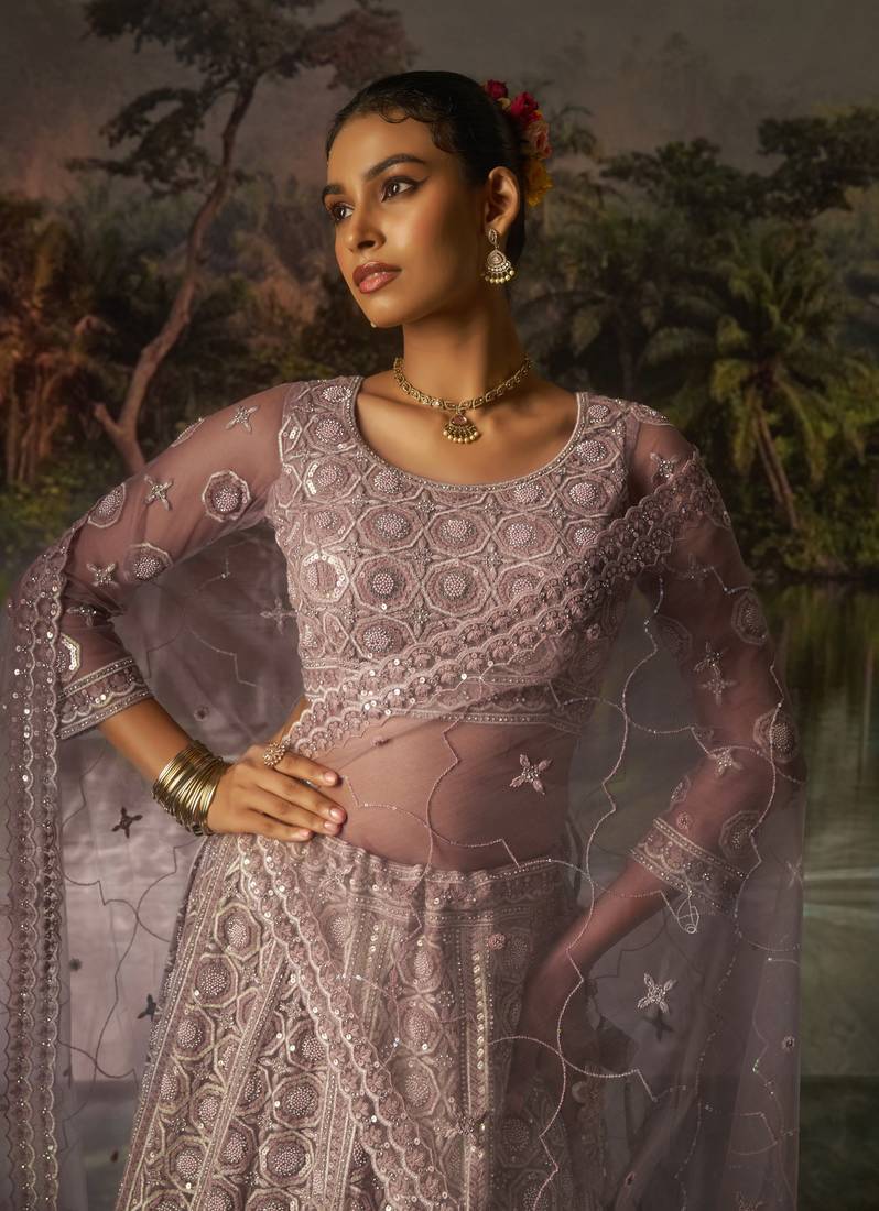 mauve net embroidered lehenga choli with dupatta