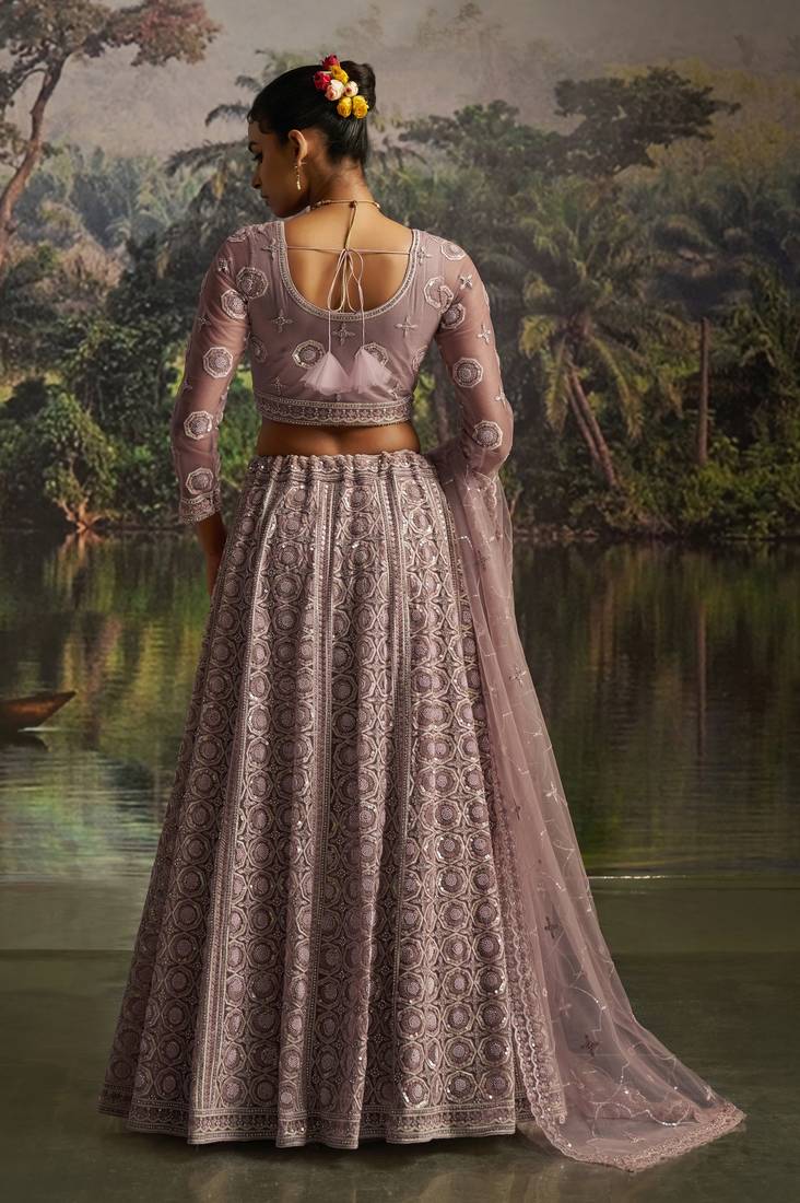 mauve net embroidered lehenga choli with dupatta