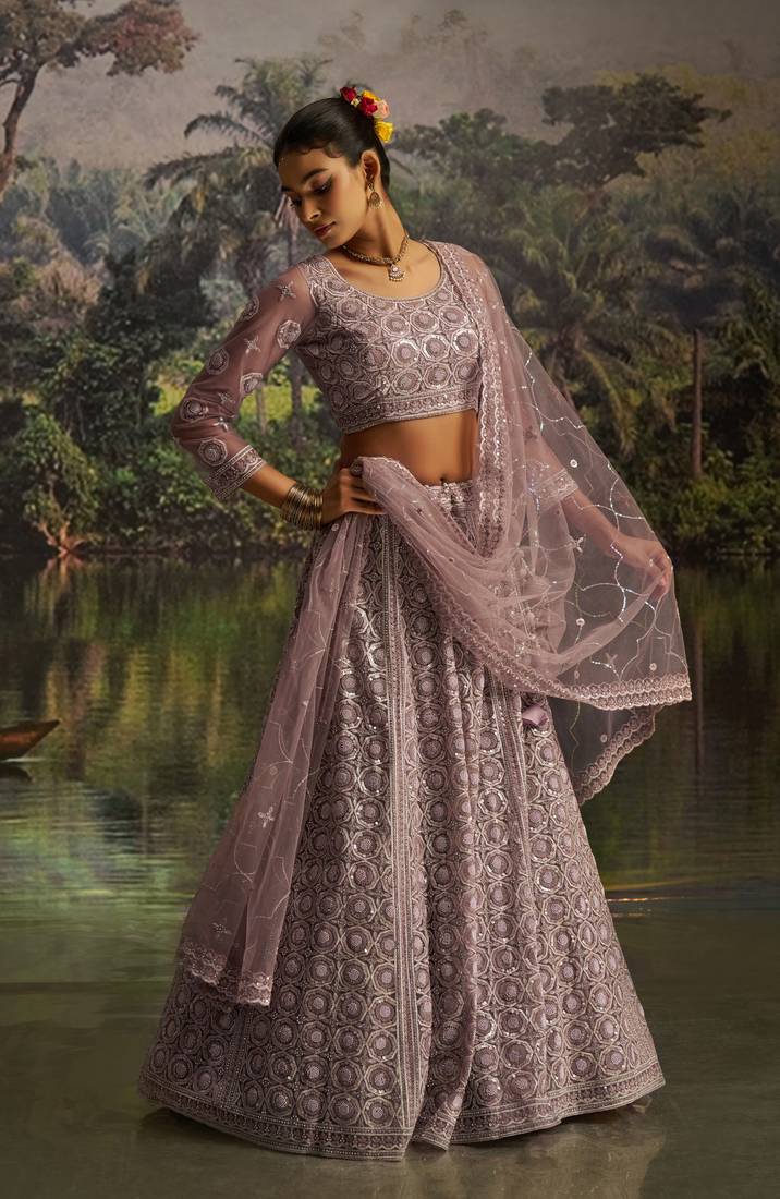 mauve net embroidered lehenga choli with dupatta
