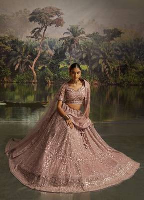 mauve net embroidered lehenga choli with dupatta 1