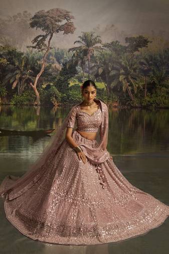 mauve net embroidered lehenga choli with dupatta
