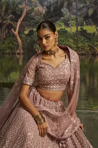 mauve net embroidered lehenga choli with dupatta