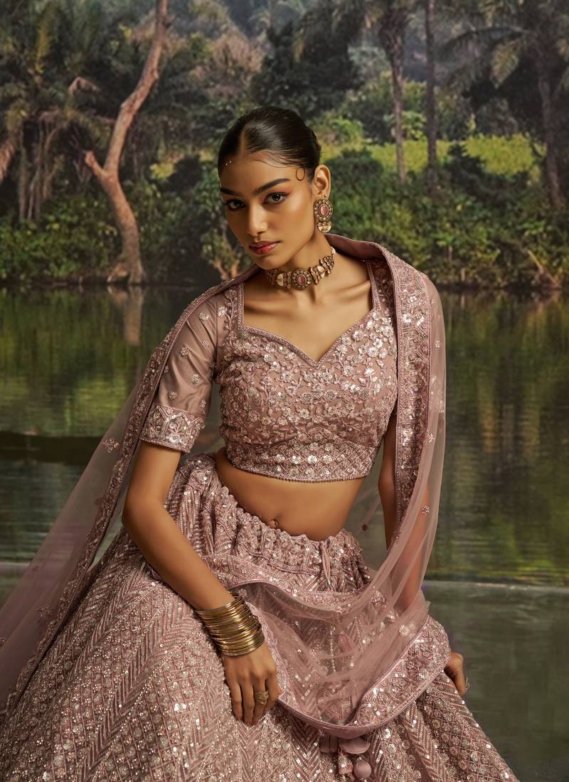 mauve net embroidered lehenga choli with dupatta