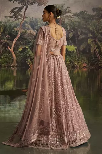 mauve net embroidered lehenga choli with dupatta