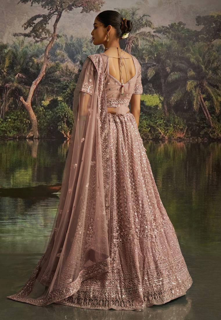 mauve net embroidered lehenga choli with dupatta