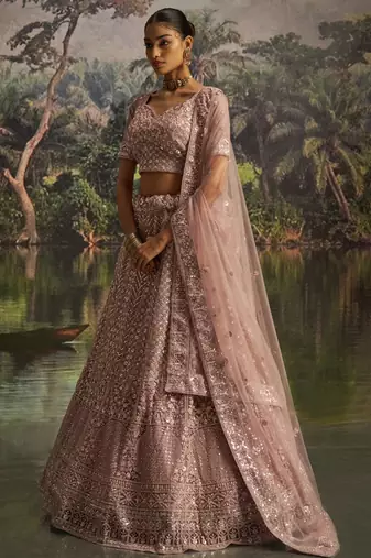 mauve net embroidered lehenga choli with dupatta