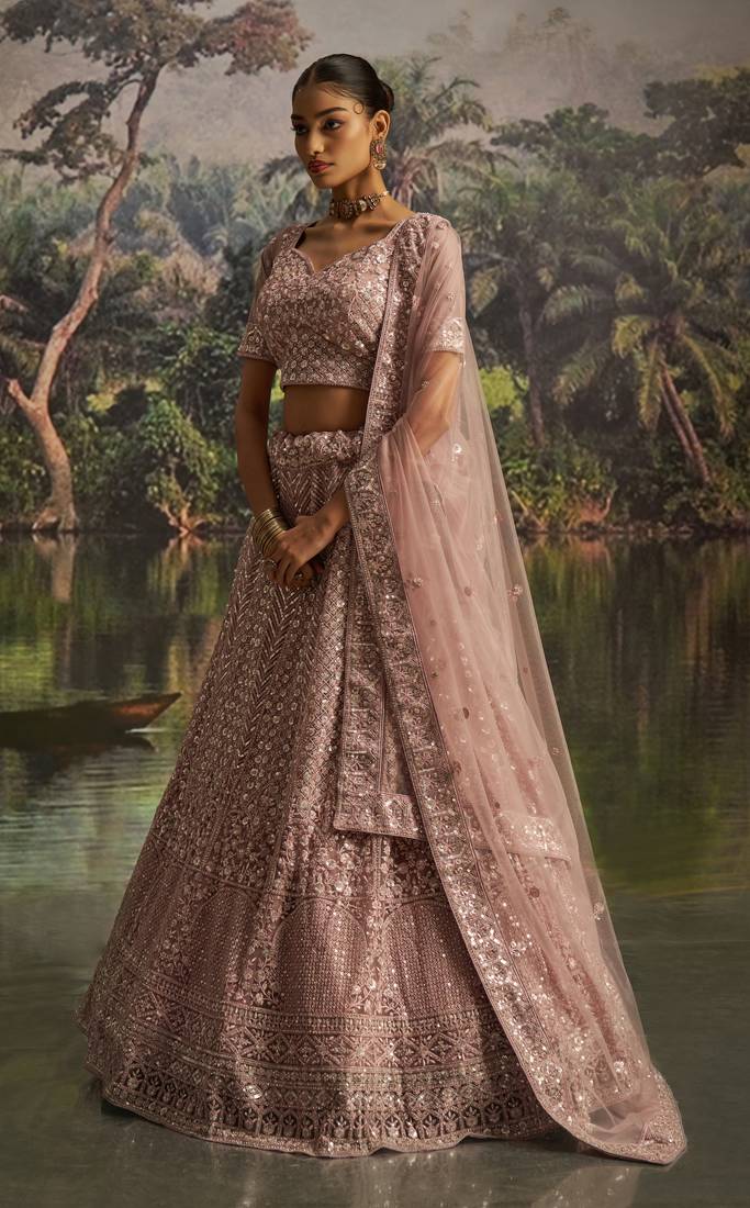 mauve net embroidered lehenga choli with dupatta