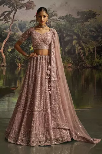 mauve net embroidered lehenga choli with dupatta