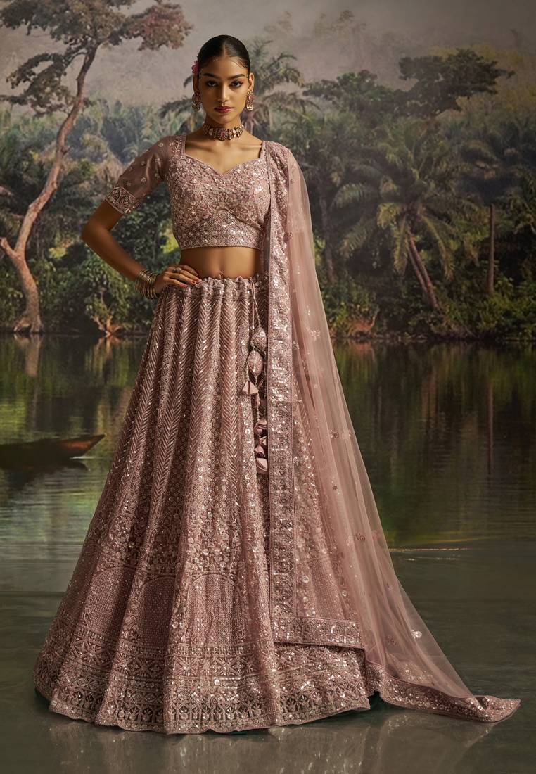 mauve net embroidered lehenga choli with dupatta