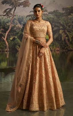 peach net embroidered lehenga choli with dupatta 1