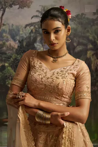 peach net embroidered lehenga choli with dupatta