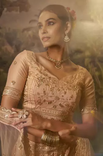 peach net embroidered lehenga choli with dupatta