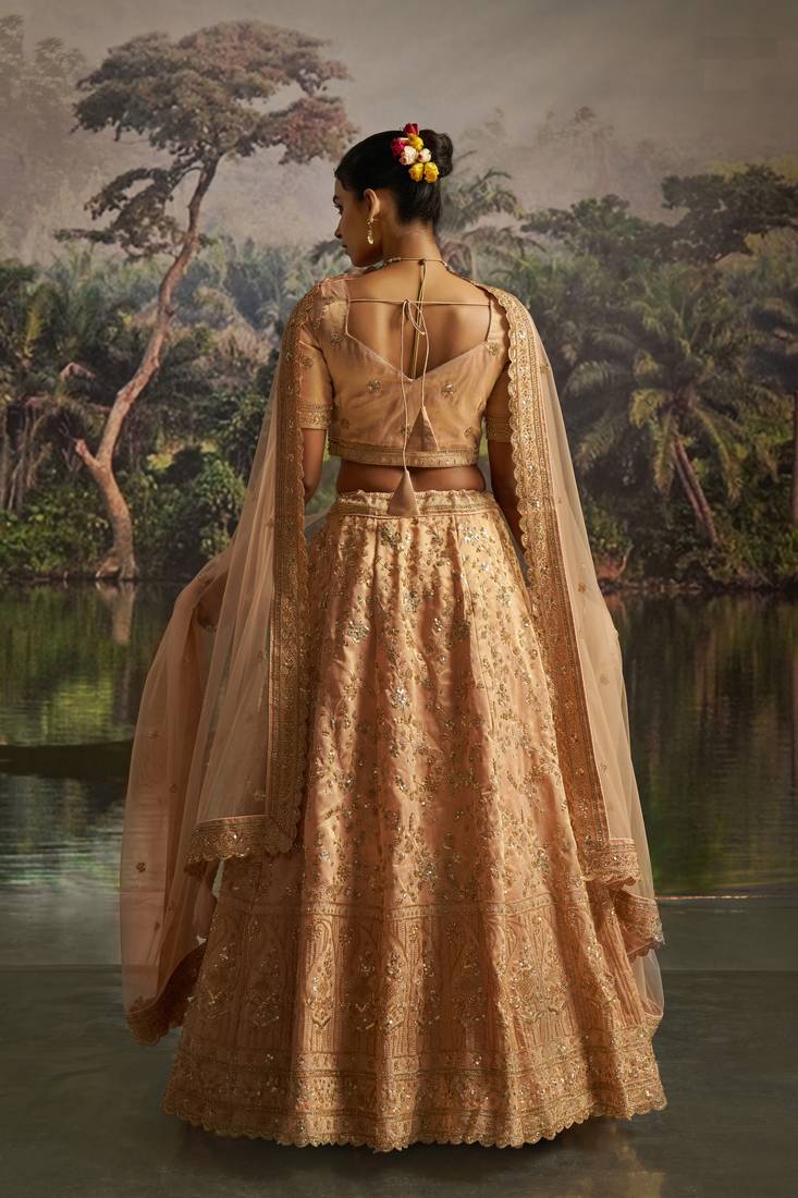 peach net embroidered lehenga choli with dupatta