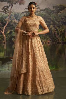 peach net embroidered lehenga choli with dupatta 5
