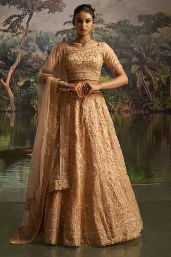 peach net embroidered lehenga choli with dupatta