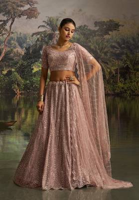 mauve net embroidered lehenga choli with dupatta 1