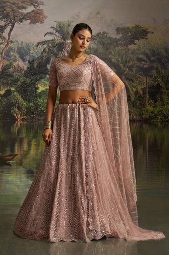 mauve net embroidered lehenga choli with dupatta